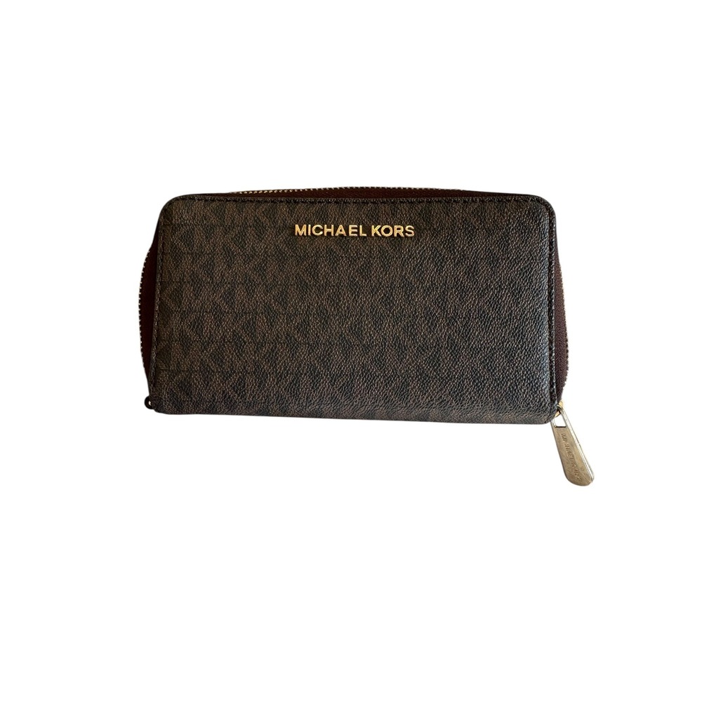 Michael Kors Signature Logo Zip Around Wallet Brown Gold Tone